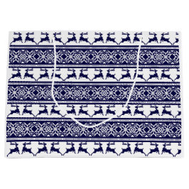 クリスマス、スカンジナビアフォークブルー&ホワイト ラージペーパーバッグ