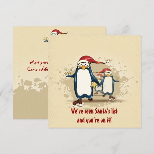 クリスマス スケート ペンギン クリスマスパーティー 招待状 (正面/裏面)