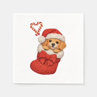 クリスマス・ストッキングに入ったかわいい子犬 スタンダードカクテルナプキン