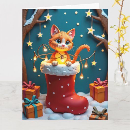 クリスマス・ストッキングのなかの好奇心旺盛な猫 ペーパーアート カード (黄色い花)