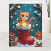 クリスマス・ストッキングのなかの好奇心旺盛な猫 ペーパーアート カード (正面)