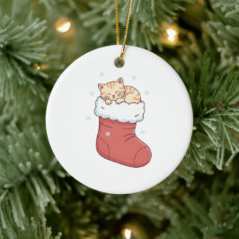 クリスマス・ストッキングの中で眠る愛らしい子猫 セラミックオーナメント