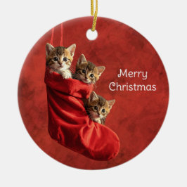 クリスマス・ストッキングの中の３匹の子猫 セラミックオーナメント
