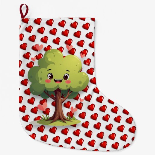 クリスマス ストッキング、ツリー 赤 ハート 愛 ラージクリスマスストッキング (正面)
