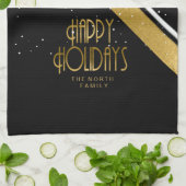 クリスマス ストライプ パターン ゴールド/ブラック ID862 キッチンタオル (折り畳み)