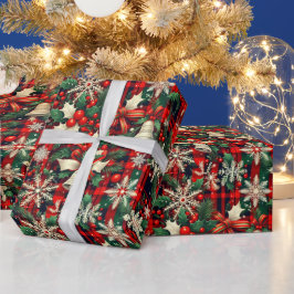 クリスマス スノーフレーク ホーリー レッド タータン パターン ラッピングペーパー