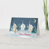 クリスマス スノーマン ハウス ウサギ 樹木 水彩画 (正面)