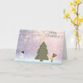 クリスマス スノーマン/少年 グリーティング カード (黄色い花)