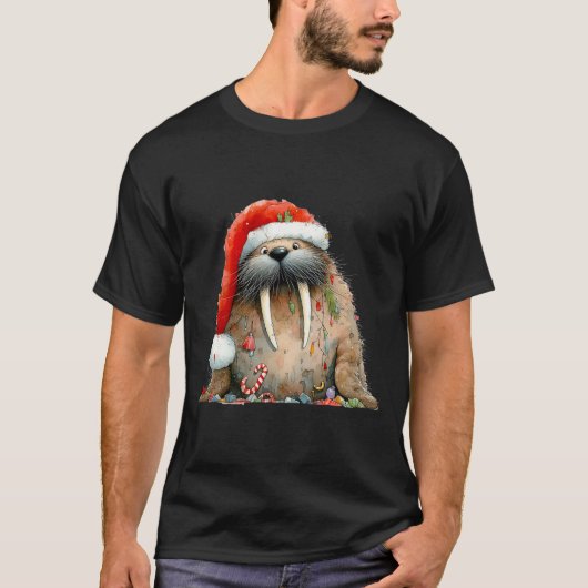 クリスマス セイウチ もふもふ面白い 冬 かわいい セイウチ Tシャツ (正面)