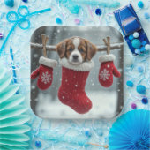 クリスマス・セント・ベルナルド・パピー赤いストッキング ペーパープレート (パーティー)