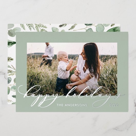 クリスマス・セージ・グリーン1写真植物台本 箔シーズンカード (正面/裏面)