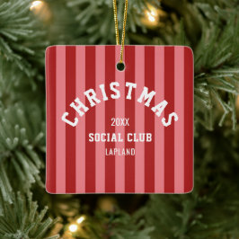 クリスマス・ソーシャル・クラブ 赤とピンクのキャンディストライプ セラミックオーナメント