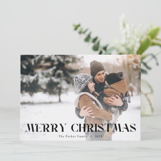 クリスマス・タイポグラフィモダンの黒のオーバーレイ写真 シーズンカード (スタンド正面)