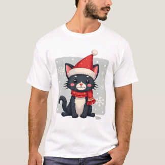 クリスマス タキシード猫 サンタ マフラー ださい Xmas レディース Tシャツ