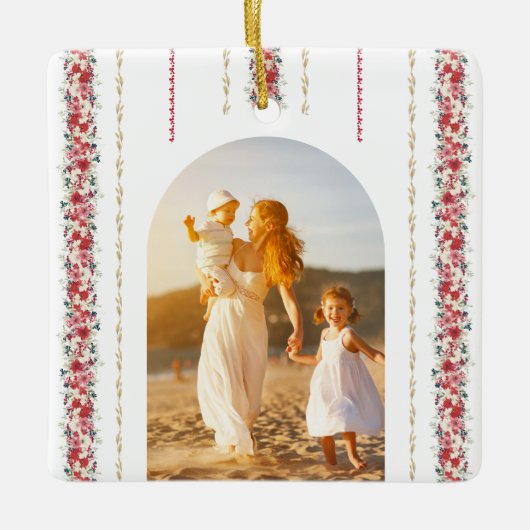 クリスマス・タペストリー花模様・ホリデー・フォト セラミックオーナメント (正面)