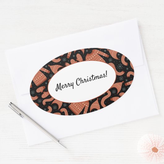 クリスマス ダサい スウェーター ハット スカーフ 赤 白 楕円形シール (封筒)