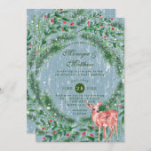 クリスマス ダスティーブルー ウッド 鹿 ウェディング 招待状 (正面/裏面)
