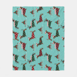 クリスマス・ダックスフント着セーター&サンタハット フリースブランケット