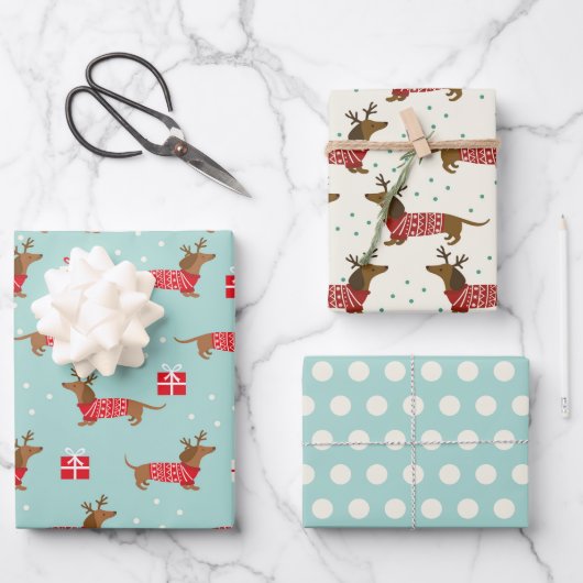 クリスマス ダックスフント ラッピングペーパー 3枚セット ラッピングペーパーシート (正面)