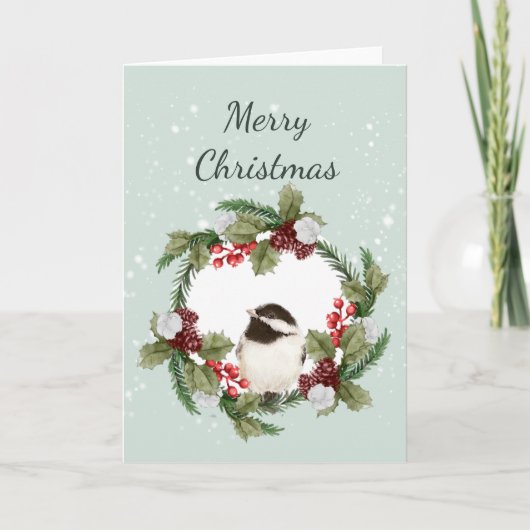 クリスマス チカディー 鳥 水彩画 自然アート カード (正面)