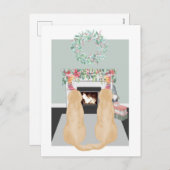 クリスマス·ツー·イエロー·ラブラドール·ドッグズ暖炉の場面 シーズンポストカード (正面/裏面)