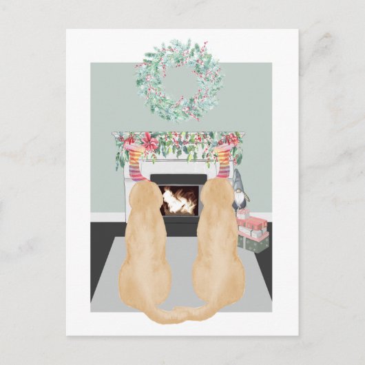 クリスマス·ツー·イエロー·ラブラドール·ドッグズ暖炉の場面 シーズンポストカード (正面)