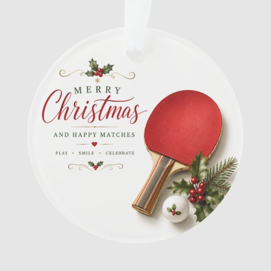 クリスマス+テーマのピンポンラケットとボール オーナメント (正面)