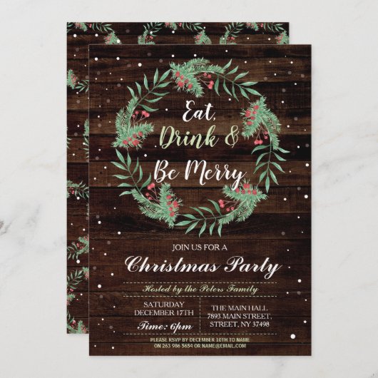 クリスマス・ディナー・パーティーの日 ホリデー ウッド クリスマス 招待状 (正面/裏面)