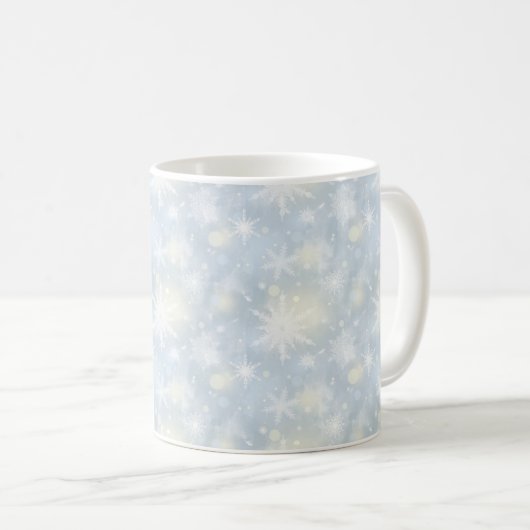 クリスマス，デザイン，白，雪片，光，灰色，青， コーヒーマグカップ (正面右)