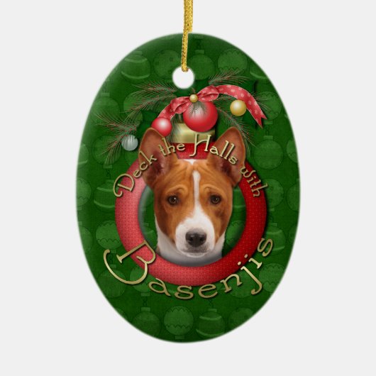クリスマス-デッキホール- Basenjis セラミックオーナメント (正面)