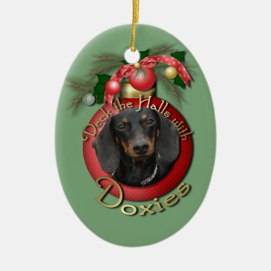 クリスマス-デッキホール- Doxies - Winston セラミックオーナメント (正面)