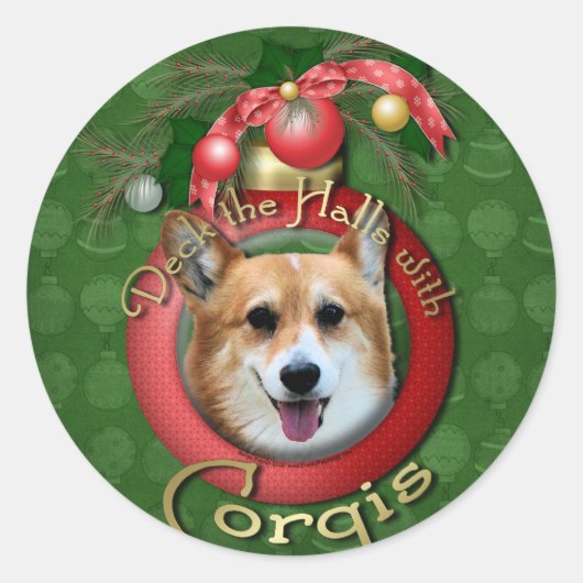 クリスマス – デッキtheホール – Corgis - Owen ラウンドシール (正面)