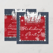 クリスマス デニム ダイヤモンド ウェディング シャンデリア フラワー レッド 招待状 (正面/裏面)