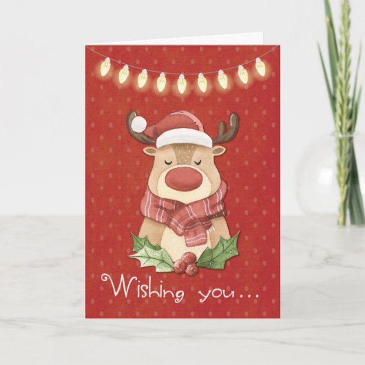 クリスマス・トナカイ・オン・レッド・水玉模様 カード (正面)
