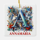 クリスマス・トナカイ・モノグラムAと名前をカスタムする セラミックオーナメント (正面)