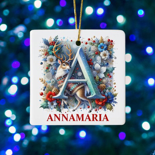 クリスマス・トナカイ・モノグラムAと名前をカスタムする セラミックオーナメント