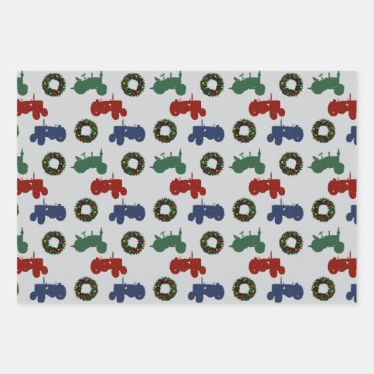 クリスマス・トラクターパターン（の模様が）ある ラッピングペーパーシート (正面)