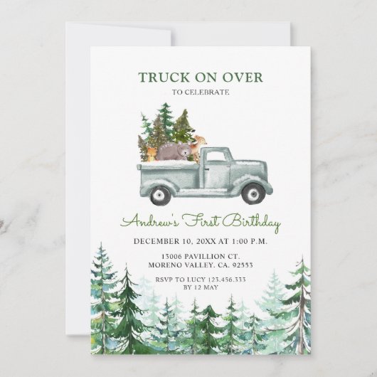 クリスマス·トラックが誕生日パーティーに向かっている 招待状 (正面)