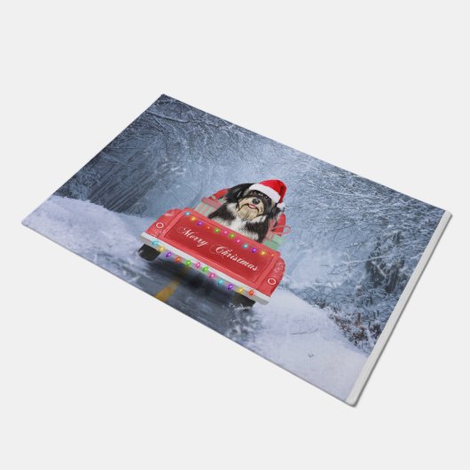 クリスマス・トラックに座って雪の中にハバニーズの犬 ドアマット (アングル)