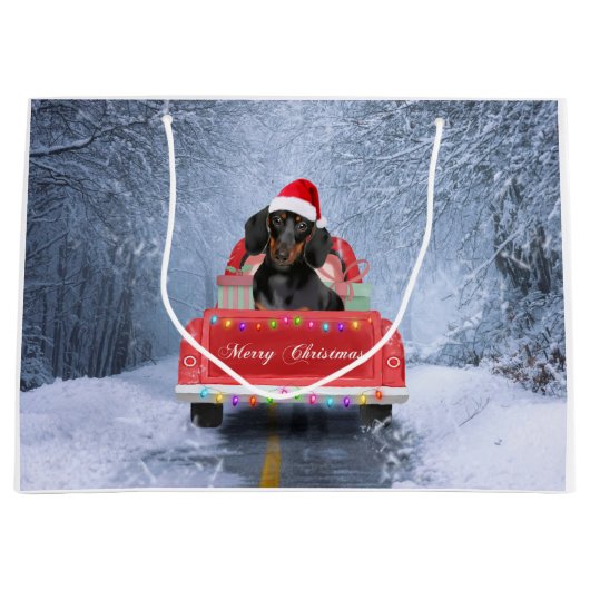 クリスマス・トラックに座って雪の中のダシュント犬 ラージペーパーバッグ (正面)