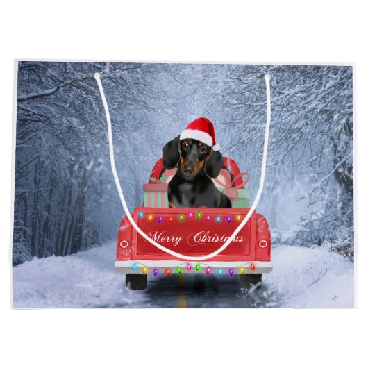 クリスマス・トラックに座って雪の中のダシュント犬 ラージペーパーバッグ (裏面)
