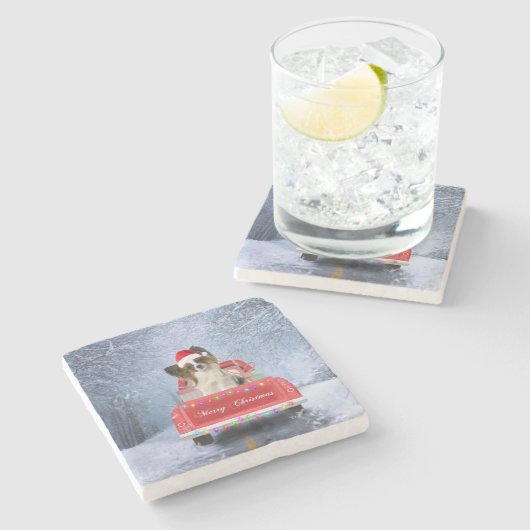 クリスマス・トラックに座って雪の中のパピヨン犬 ストーンコースター (横)