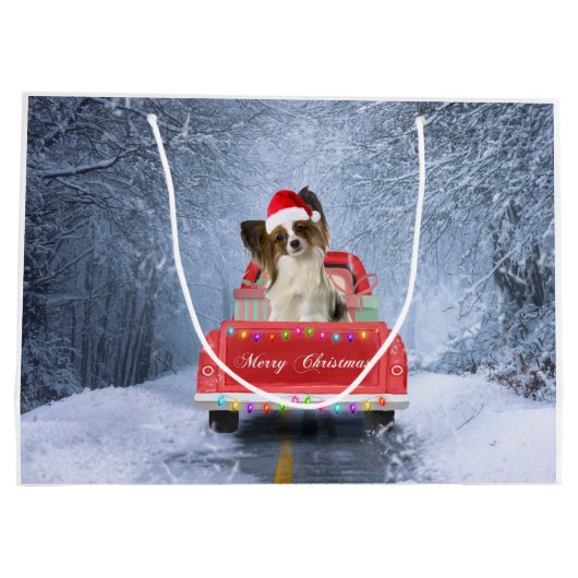 クリスマス・トラックに座って雪の中のパピヨン犬 ラージペーパーバッグ (裏面)