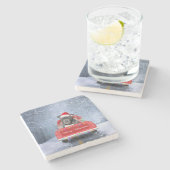 クリスマス・トラックに座って雪の中のピットブルドッグ ストーンコースター (横)