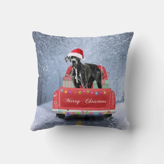 クリスマス・トラックに座って雪の中の大きな犬 クッション (裏面)