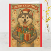 "クリスマス・ドッグ" 折りたたみ式グリーティングカード カード (黄色い花)