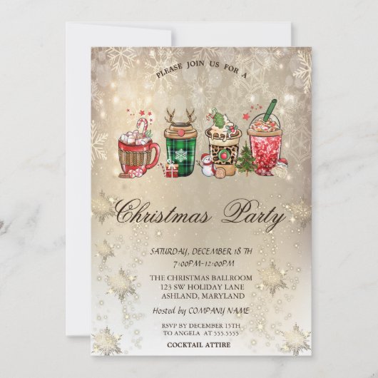 クリスマス ドリンク 雪の結晶 ゴールド クリスマス 招待状 (正面)