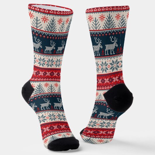 クリスマス ニットパターン トナカイ ソックス (傾斜あり)