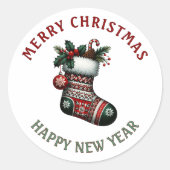 クリスマス＆ニューイヤーの赤と緑のホリデーストッキング ラウンドシール (正面)