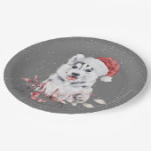 クリスマス・ハスキー・オン・グレー ペーパープレート (アングル)